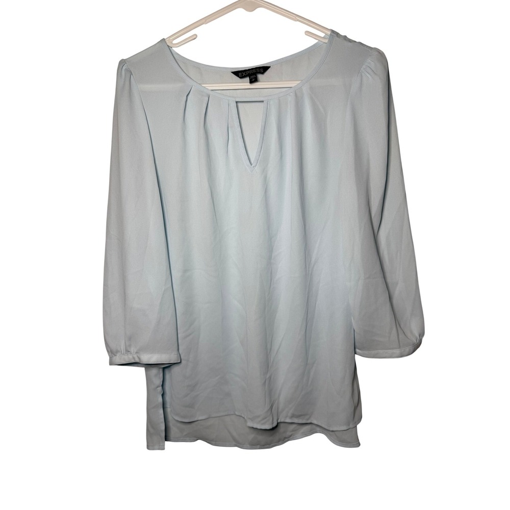Womans Express Light Blue Keyhole Neck Pleated 3/4 Sleeve Blouse Small